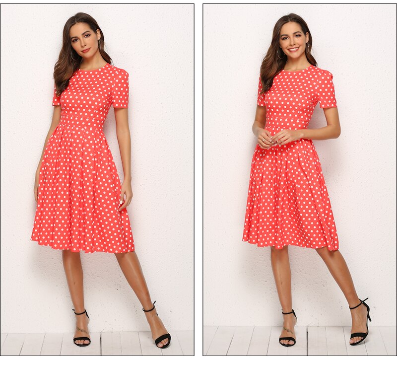 S.FLAVOR Women Short Sleeve Vintage Dress 2019 Polka Dot Print Retro O Neck Party Vestidos Sexy A Line Dress