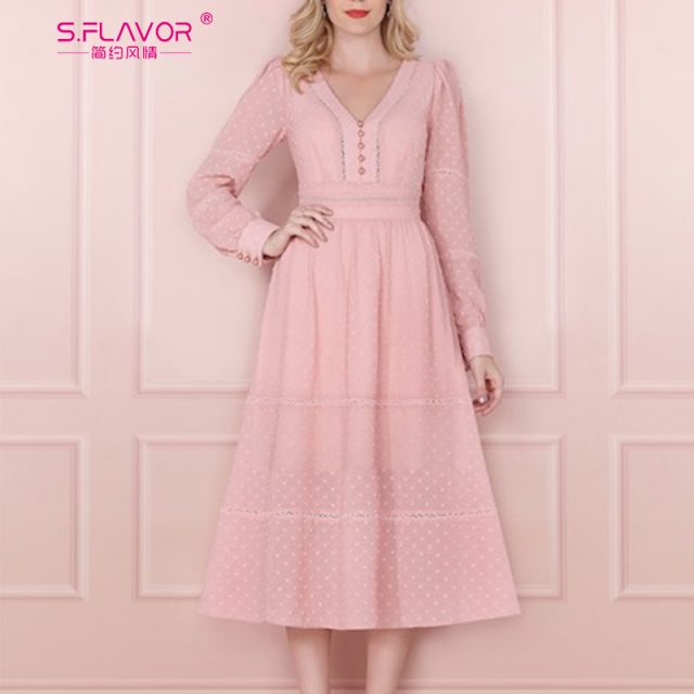 S.FLAVOR Elegant Button Women Dress Autumn Fashion Long Sleeve A-line Vintage Vestidos Female V Neck Hollow Out Sexy Mid Dress