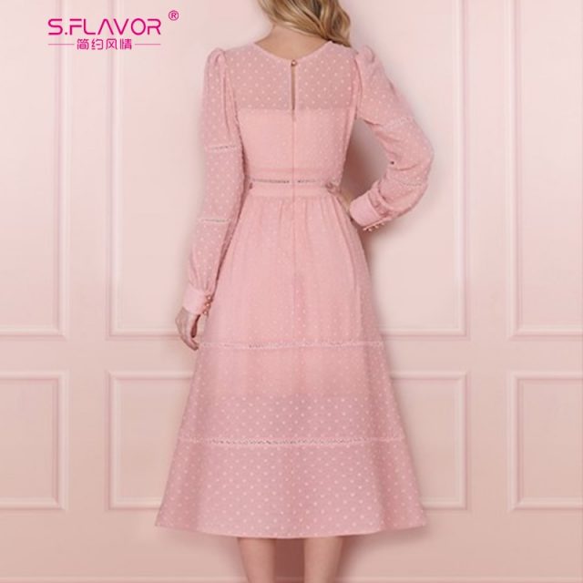 S.FLAVOR Elegant Button Women Dress Autumn Fashion Long Sleeve A-line Vintage Vestidos Female V Neck Hollow Out Sexy Mid Dress