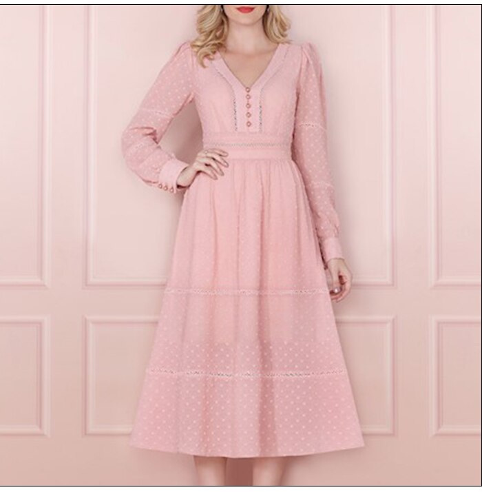 S.FLAVOR Elegant Button Women Dress Autumn Fashion Long Sleeve A-line Vintage Vestidos Female V Neck Hollow Out Sexy Mid Dress