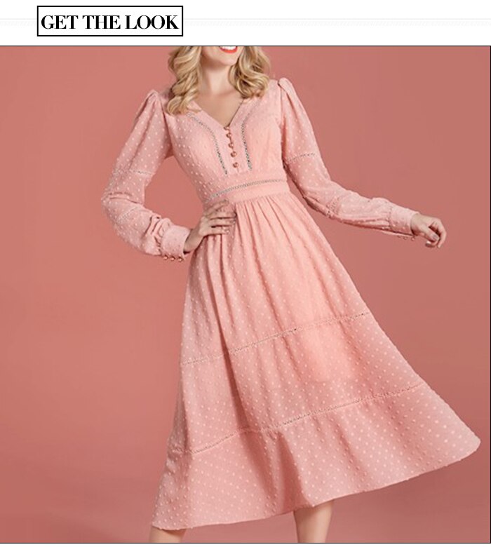 S.FLAVOR Elegant Button Women Dress Autumn Fashion Long Sleeve A-line Vintage Vestidos Female V Neck Hollow Out Sexy Mid Dress