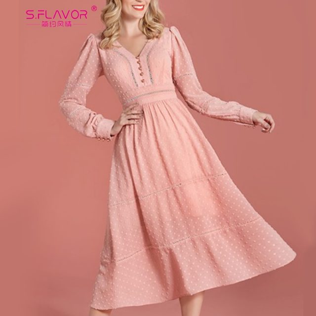 S.FLAVOR Elegant Button Women Dress Autumn Fashion Long Sleeve A-line Vintage Vestidos Female V Neck Hollow Out Sexy Mid Dress