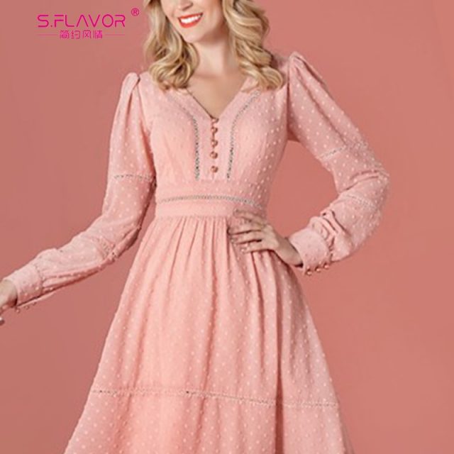 S.FLAVOR Elegant Button Women Dress Autumn Fashion Long Sleeve A-line Vintage Vestidos Female V Neck Hollow Out Sexy Mid Dress