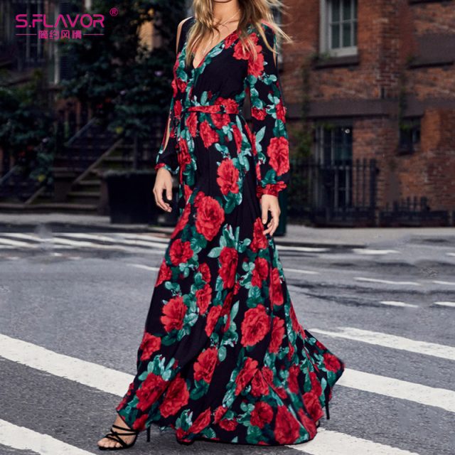 S.FLAVOR women bohemian long dress Hot sale rose printing V-neck sexy vestidos de festa Autumn Winter fashion long sleeve dress