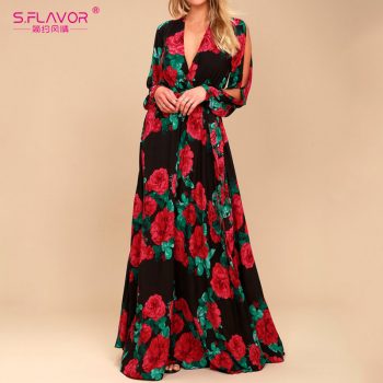 S.FLAVOR women bohemian long dress Hot sale rose printing V-neck sexy vestidos de festa Autumn Winter fashion long sleeve dress