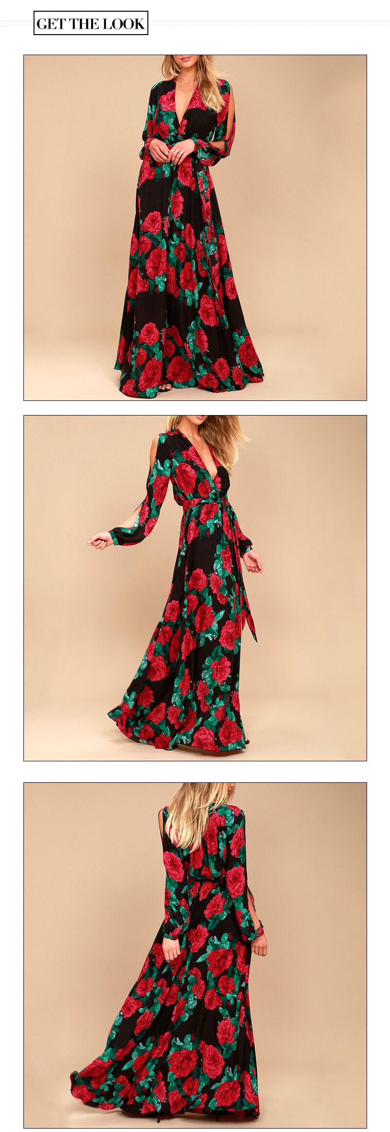 S.FLAVOR women bohemian long dress Hot sale rose printing V-neck sexy vestidos de festa Autumn Winter fashion long sleeve dress