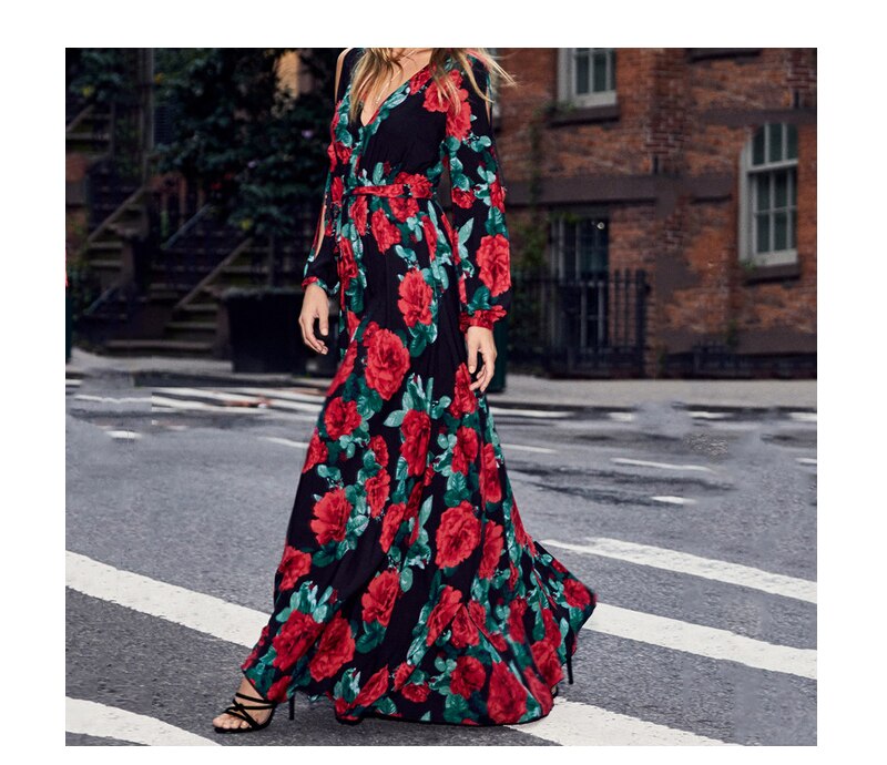 S.FLAVOR women bohemian long dress Hot sale rose printing V-neck sexy vestidos de festa Autumn Winter fashion long sleeve dress