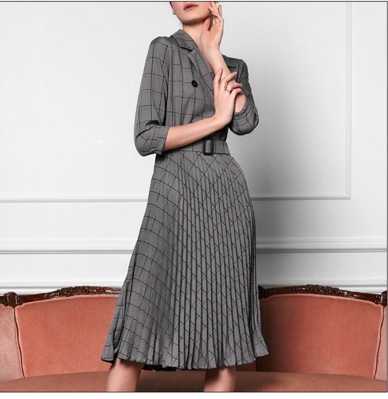 S.FLAVOR Turn Down Collar Double-breasted Blazer Dress Office Lady Three Quarter Sleeve Pleated Dress Work Wear Party Dress