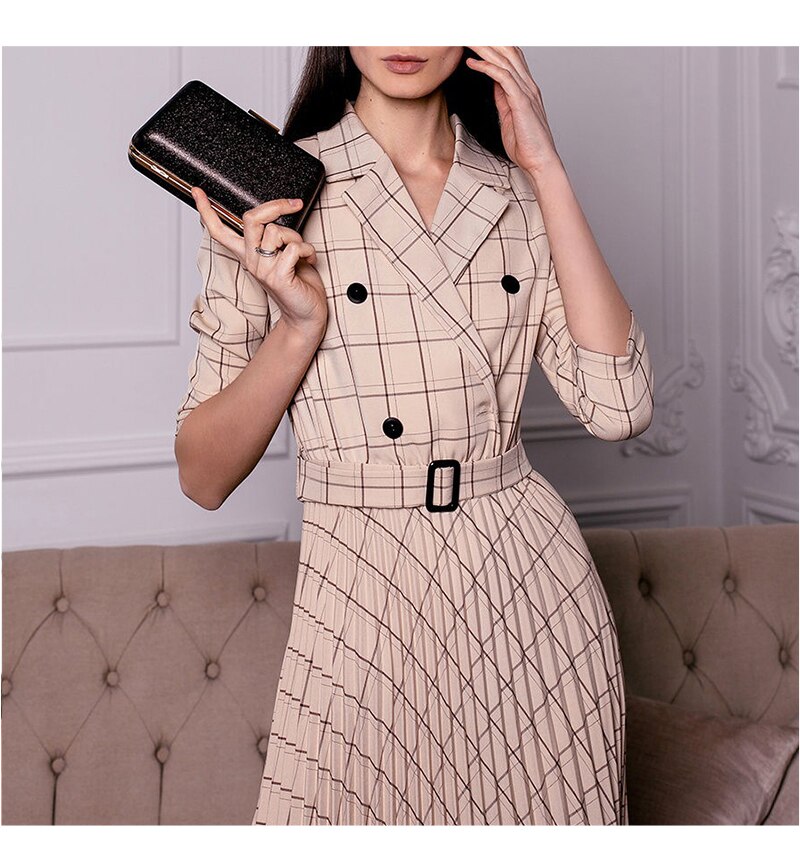 S.FLAVOR Turn Down Collar Double-breasted Blazer Dress Office Lady Three Quarter Sleeve Pleated Dress Work Wear Party Dress