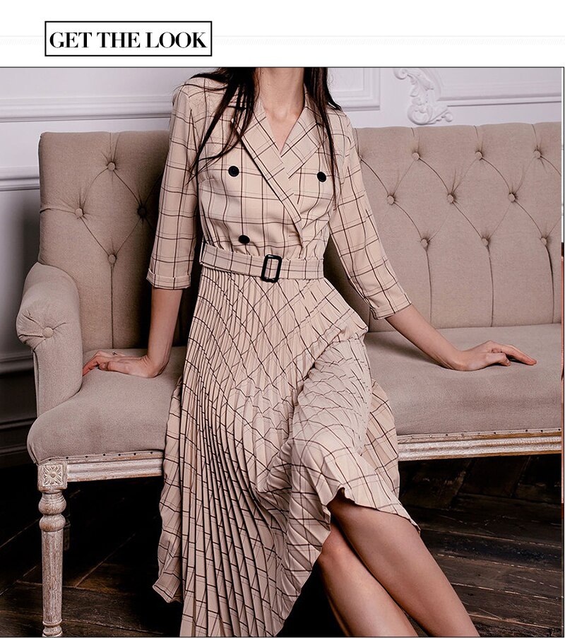 S.FLAVOR Turn Down Collar Double-breasted Blazer Dress Office Lady Three Quarter Sleeve Pleated Dress Work Wear Party Dress