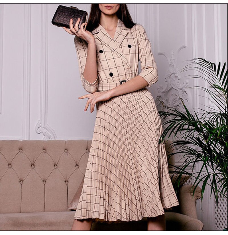 S.FLAVOR Turn Down Collar Double-breasted Blazer Dress Office Lady Three Quarter Sleeve Pleated Dress Work Wear Party Dress