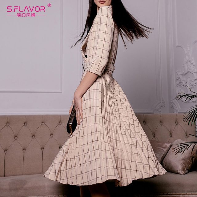 S.FLAVOR Turn Down Collar Double-breasted Blazer Dress Office Lady Three Quarter Sleeve Pleated Dress Work Wear Party Dress