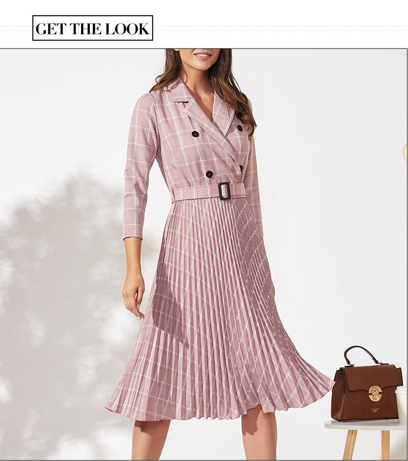 S.FLAVOR Autumn Women Vintage Pleated Dress Office Ladies Elegant Blazer Plaid Dress Three Quarte Sleeve Female Midi Party Dress