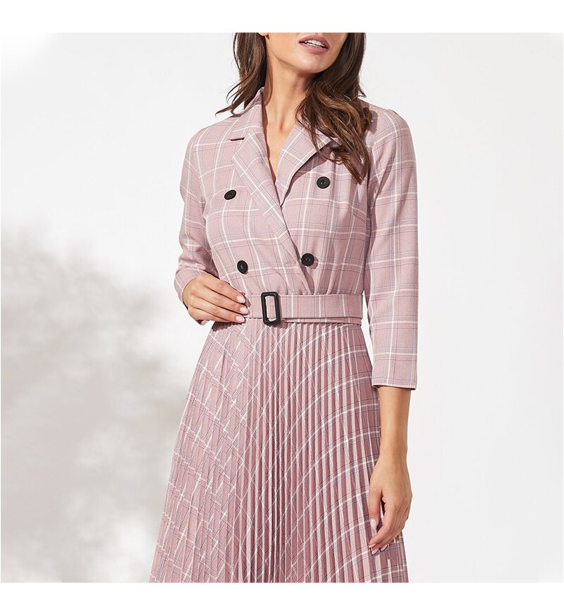 S.FLAVOR Autumn Women Vintage Pleated Dress Office Ladies Elegant Blazer Plaid Dress Three Quarte Sleeve Female Midi Party Dress