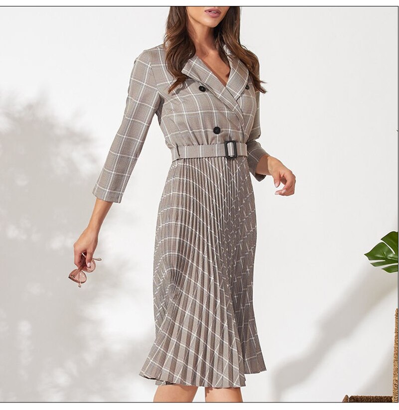 S.FLAVOR Autumn Women Vintage Pleated Dress Office Ladies Elegant Blazer Plaid Dress Three Quarte Sleeve Female Midi Party Dress