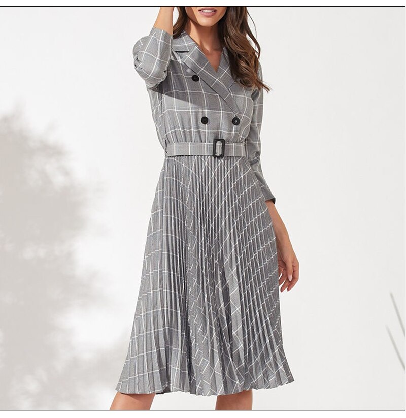 S.FLAVOR Autumn Women Vintage Pleated Dress Office Ladies Elegant Blazer Plaid Dress Three Quarte Sleeve Female Midi Party Dress