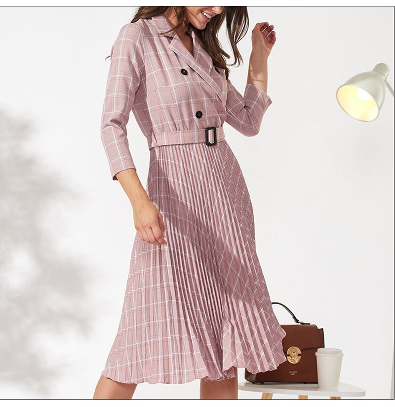 S.FLAVOR Autumn Women Vintage Pleated Dress Office Ladies Elegant Blazer Plaid Dress Three Quarte Sleeve Female Midi Party Dress