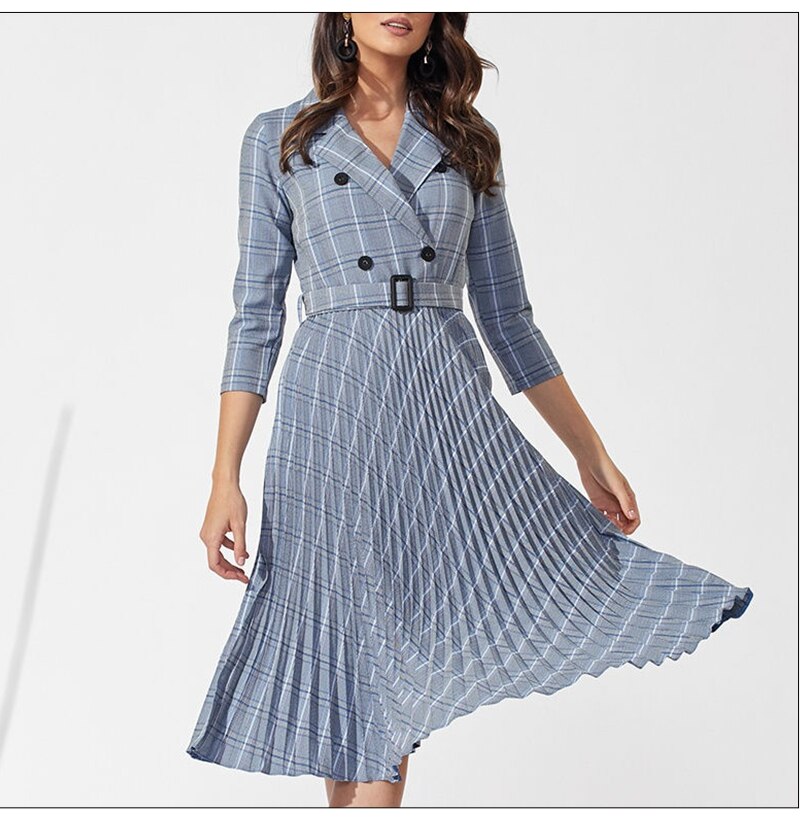 S.FLAVOR Autumn Women Vintage Pleated Dress Office Ladies Elegant Blazer Plaid Dress Three Quarte Sleeve Female Midi Party Dress