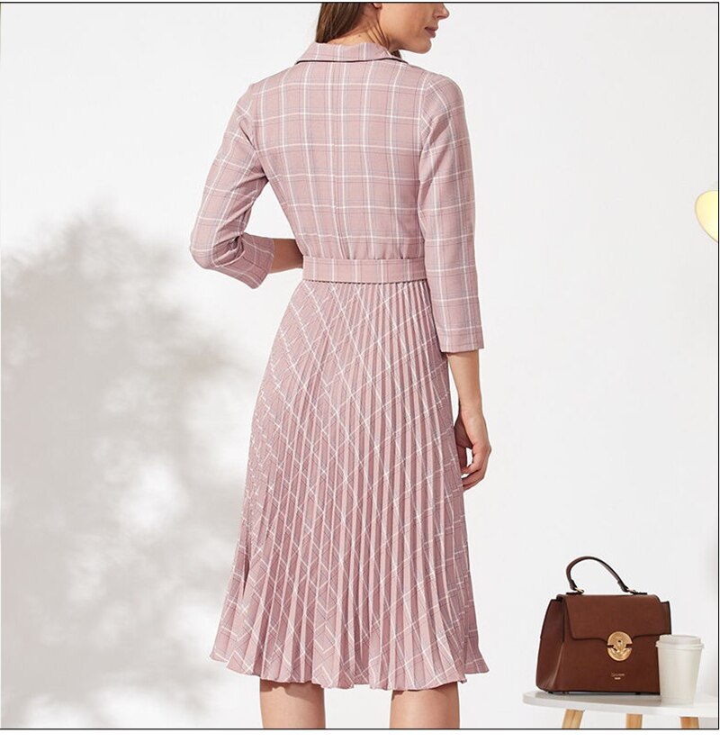 S.FLAVOR Autumn Women Vintage Pleated Dress Office Ladies Elegant Blazer Plaid Dress Three Quarte Sleeve Female Midi Party Dress