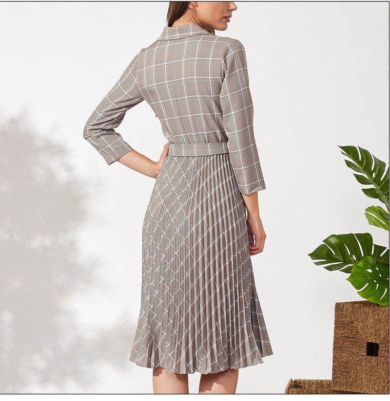 S.FLAVOR Autumn Women Vintage Pleated Dress Office Ladies Elegant Blazer Plaid Dress Three Quarte Sleeve Female Midi Party Dress