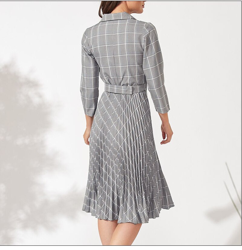 S.FLAVOR Autumn Women Vintage Pleated Dress Office Ladies Elegant Blazer Plaid Dress Three Quarte Sleeve Female Midi Party Dress