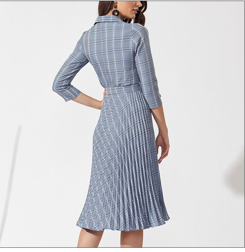 S.FLAVOR Autumn Women Vintage Pleated Dress Office Ladies Elegant Blazer Plaid Dress Three Quarte Sleeve Female Midi Party Dress