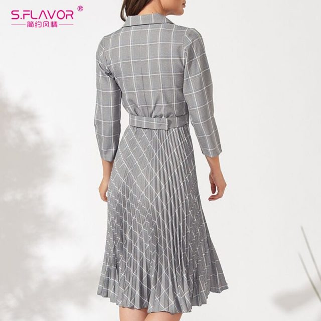 S.FLAVOR Women 3/4 Sleeve Plaid Blazer Dress Elegant Party Pleated Dresses 2019 Office Ladies Autumn Winter Vintage Vestidos