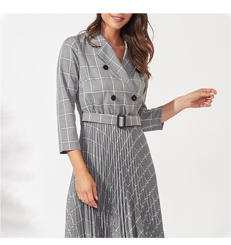 S.FLAVOR Women 3/4 Sleeve Plaid Blazer Dress Elegant Party Pleated Dresses 2019 Office Ladies Autumn Winter Vintage Vestidos