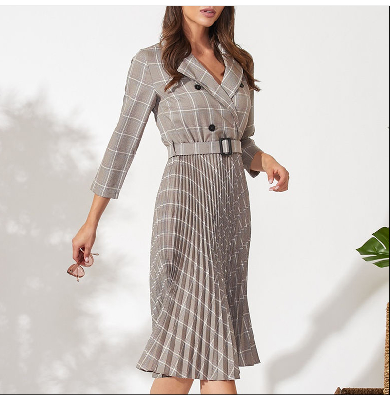 S.FLAVOR Women 3/4 Sleeve Plaid Blazer Dress Elegant Party Pleated Dresses 2019 Office Ladies Autumn Winter Vintage Vestidos