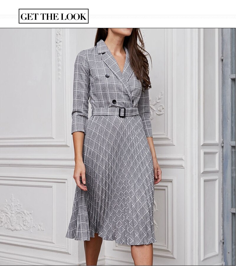 S.FLAVOR Women 3/4 Sleeve Plaid Blazer Dress Elegant Party Pleated Dresses 2019 Office Ladies Autumn Winter Vintage Vestidos