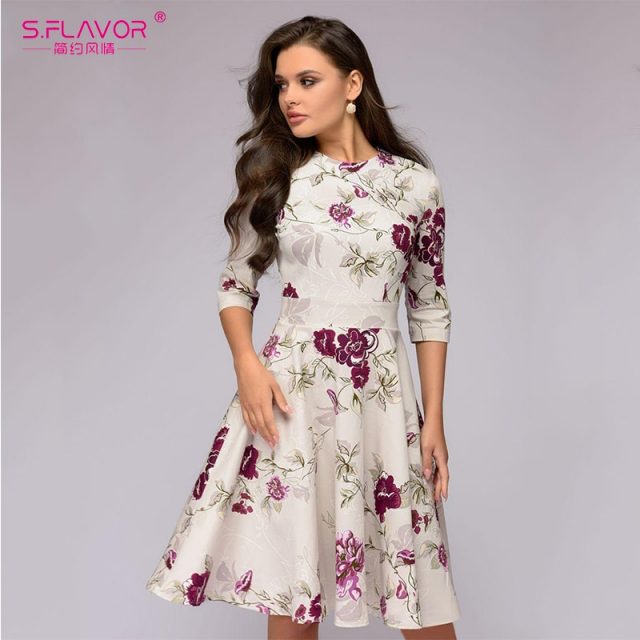 S.FLAVOR Women Printing A-line Dress Elegant Three Quarter Sleeve Dress For Female Hot Sale Women Vestidos De