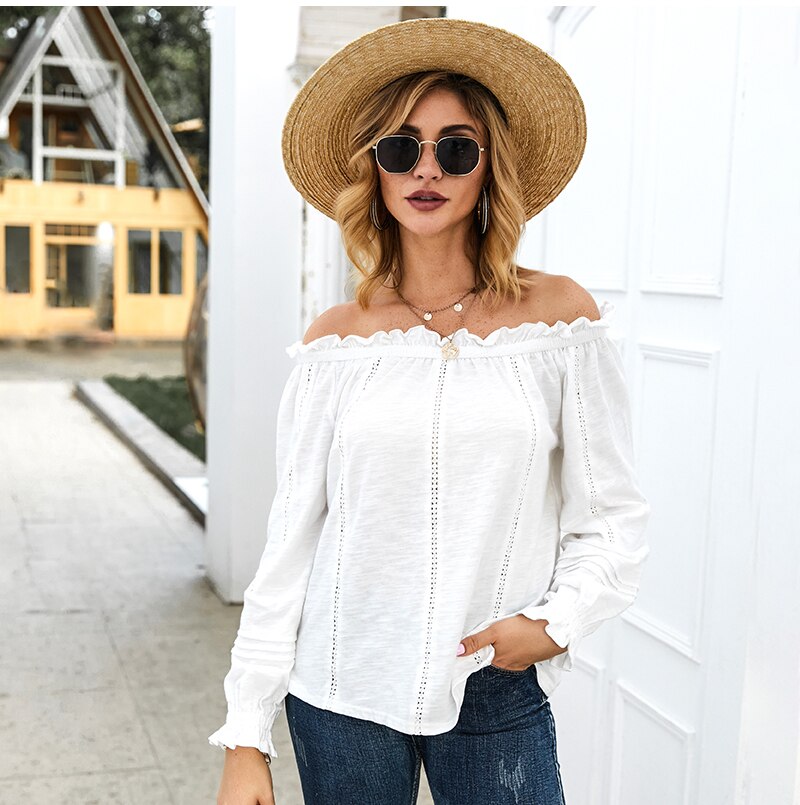 S.FLAVOR Women Sexy Off The Shoulder White Tops Elegant Lace Hollow Out Patchwork T-Shirts Women Long Sleeve Tops Clothes