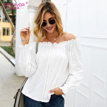 S.FLAVOR Women Sexy Off The Shoulder White Tops Elegant Lace Hollow Out Patchwork T-Shirts Women Long Sleeve Tops Clothes