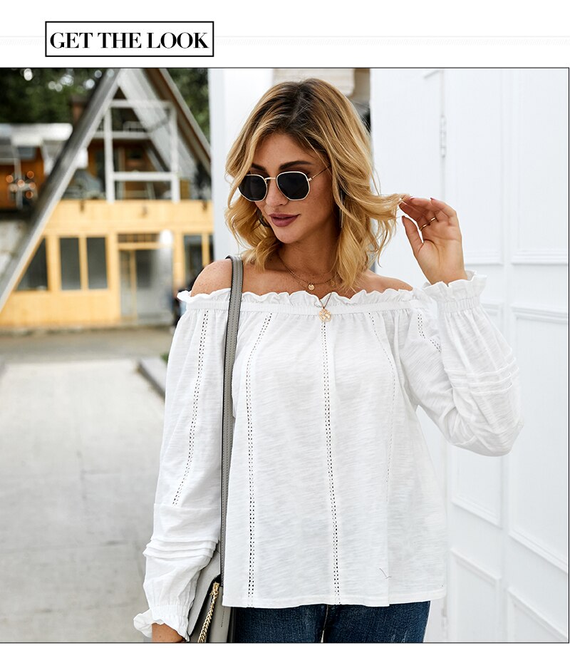 S.FLAVOR Women Sexy Off The Shoulder White Tops Elegant Lace Hollow Out Patchwork T-Shirts Women Long Sleeve Tops Clothes