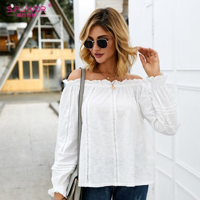 S.FLAVOR Women Sexy Off The Shoulder White Tops Elegant Lace Hollow Out Patchwork T-Shirts Women Long Sleeve Tops Clothes