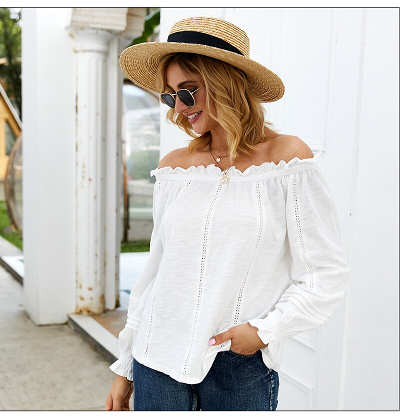 S.FLAVOR Women Sexy Off The Shoulder White Tops Elegant Lace Hollow Out Patchwork T-Shirts Women Long Sleeve Tops Clothes