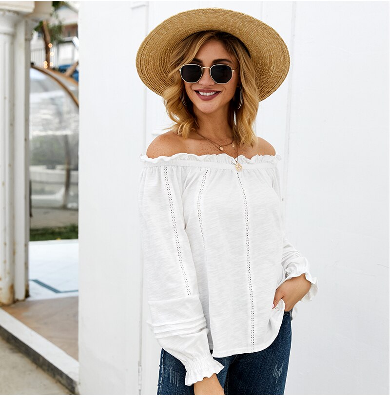 S.FLAVOR Women Sexy Off The Shoulder White Tops Elegant Lace Hollow Out Patchwork T-Shirts Women Long Sleeve Tops Clothes