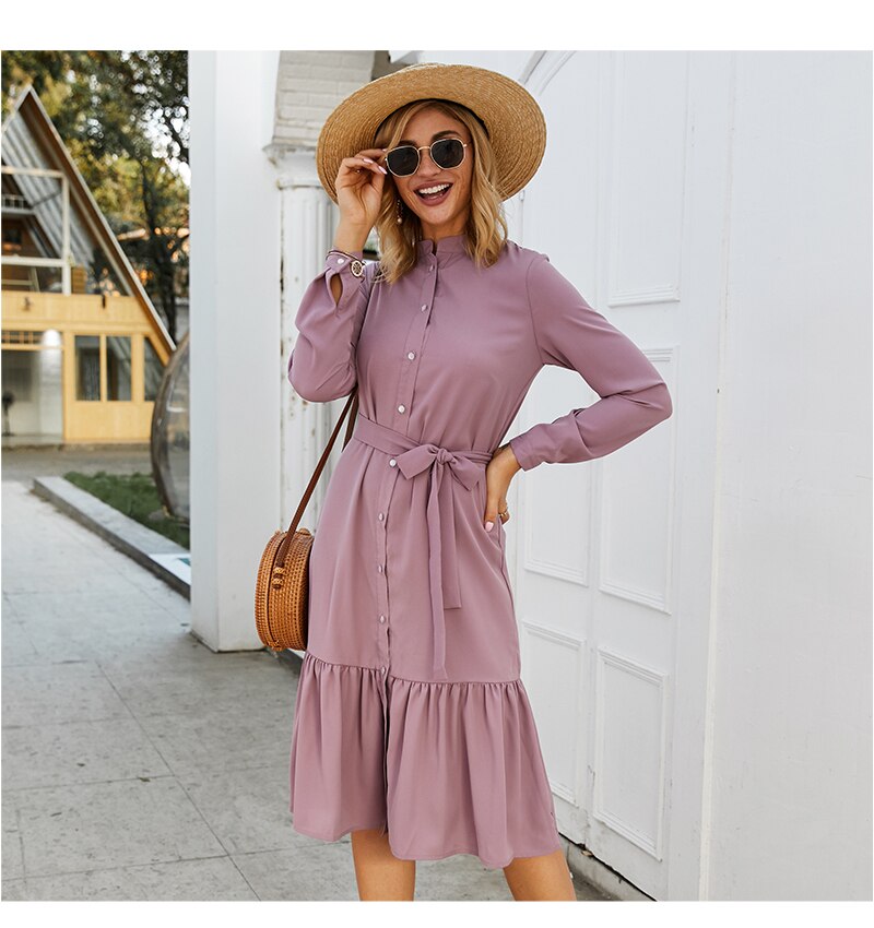 S.FLAVOR Women Stand Collar Autumn Dress Elegant Single Button Pleated Casual Long Dress For Femme Winter Shirts Vestidos