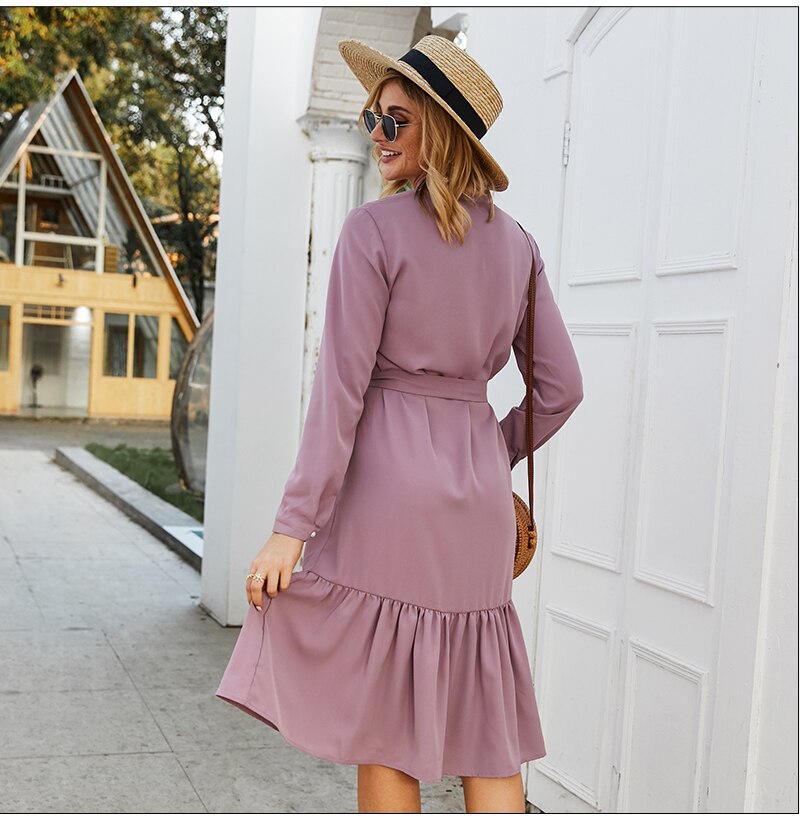 S.FLAVOR Women Stand Collar Autumn Dress Elegant Single Button Pleated Casual Long Dress For Femme Winter Shirts Vestidos