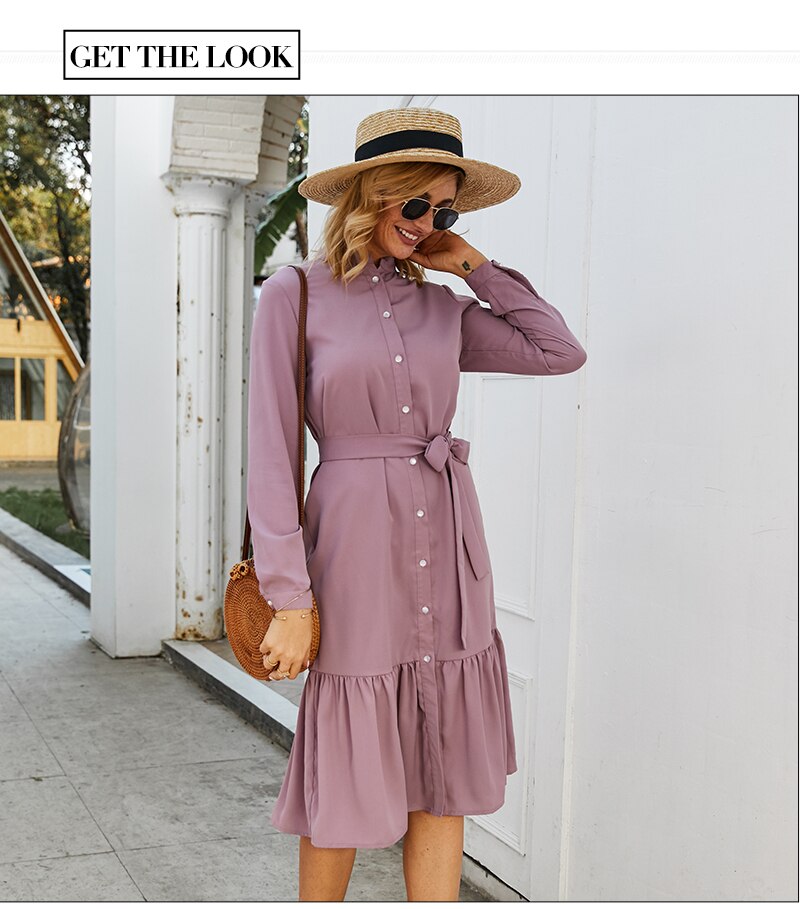 S.FLAVOR Women Stand Collar Autumn Dress Elegant Single Button Pleated Casual Long Dress For Femme Winter Shirts Vestidos