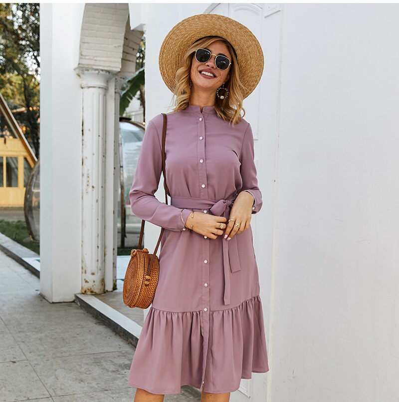 S.FLAVOR Women Stand Collar Autumn Dress Elegant Single Button Pleated Casual Long Dress For Femme Winter Shirts Vestidos