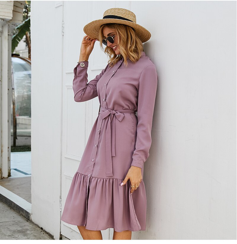 S.FLAVOR Women Stand Collar Autumn Dress Elegant Single Button Pleated Casual Long Dress For Femme Winter Shirts Vestidos