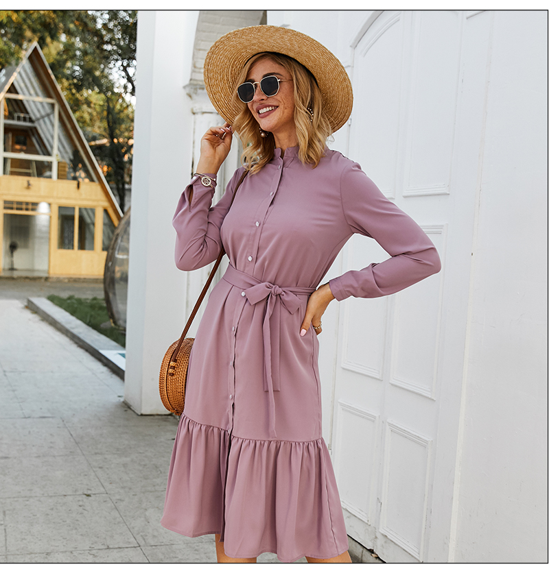 S.FLAVOR Women Stand Collar Autumn Dress Elegant Single Button Pleated Casual Long Dress For Femme Winter Shirts Vestidos