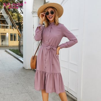 S.FLAVOR Women Stand Collar Autumn Dress Elegant Single Button Pleated Casual Long Dress For Femme Winter Shirts Vestidos