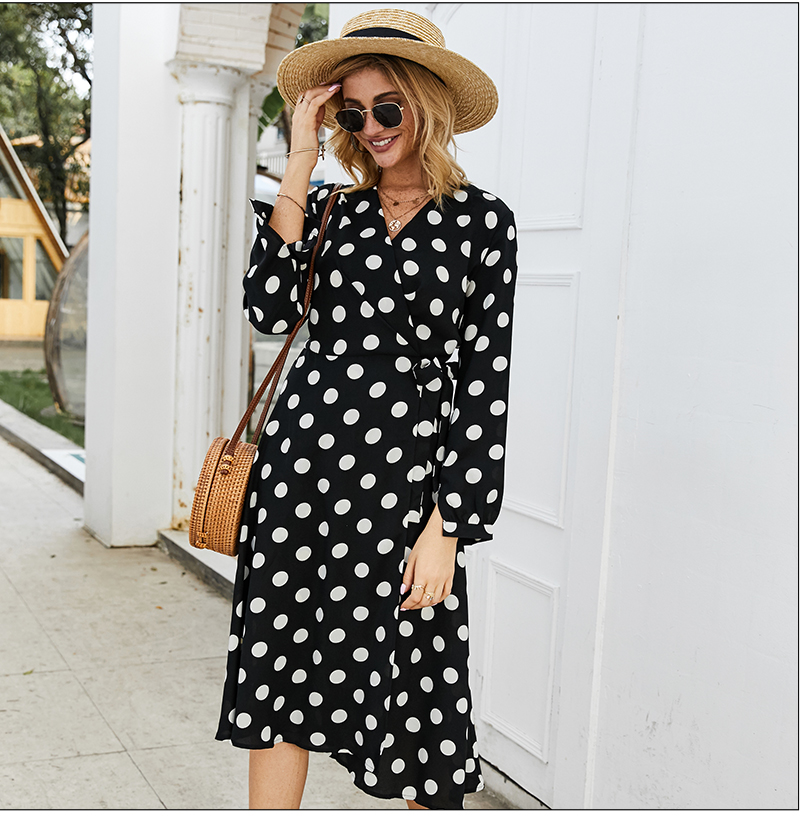 S.FLAVOR Vintage Dot printing Long Dress Elegant V-neck Long Sleeve Comfortable Tea break Dress Autumn Winter Casual Dress