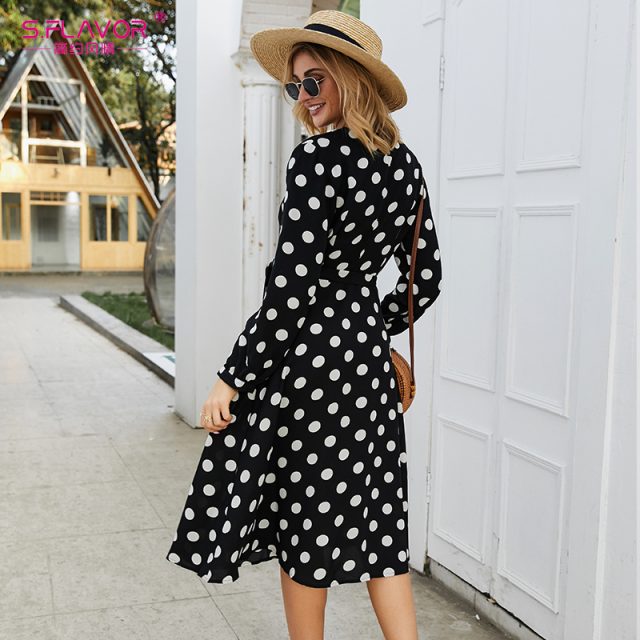 S.FLAVOR Vintage Dot printing Long Dress Elegant V-neck Long Sleeve Comfortable Tea break Dress Autumn Winter Casual Dress