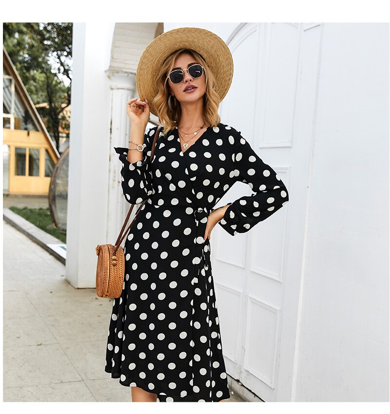 S.FLAVOR Vintage Dot printing Long Dress Elegant V-neck Long Sleeve Comfortable Tea break Dress Autumn Winter Casual Dress