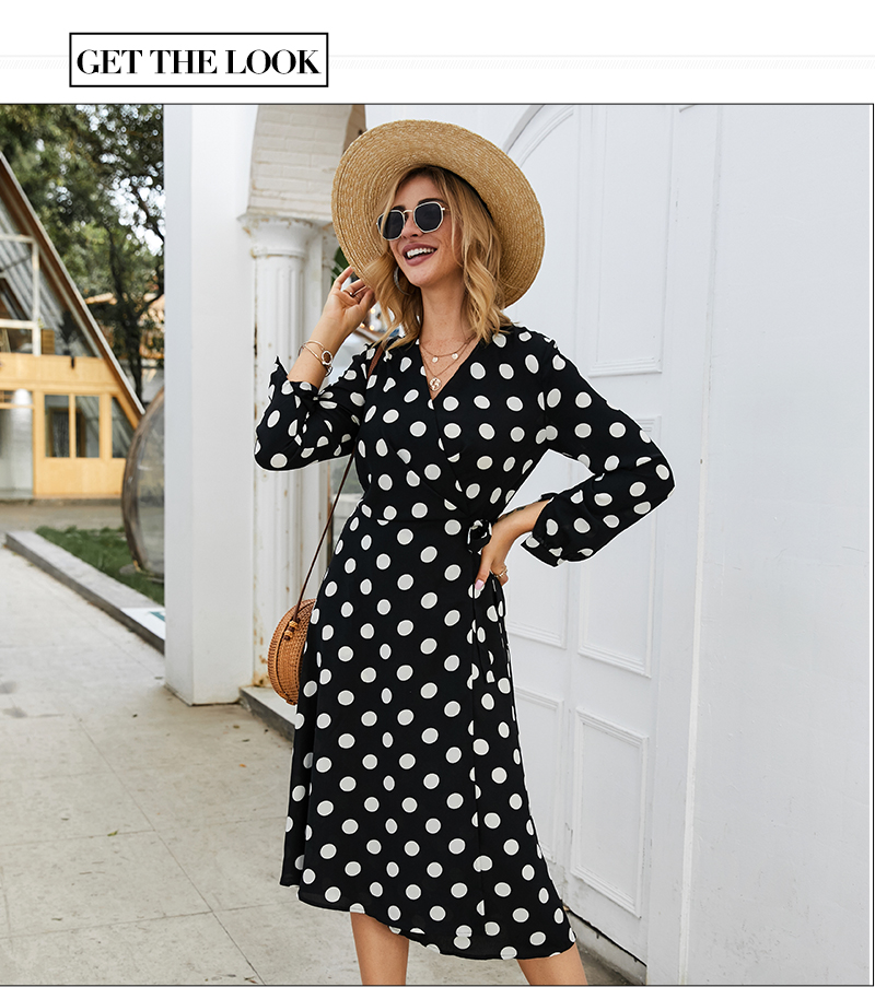 S.FLAVOR Vintage Dot printing Long Dress Elegant V-neck Long Sleeve Comfortable Tea break Dress Autumn Winter Casual Dress