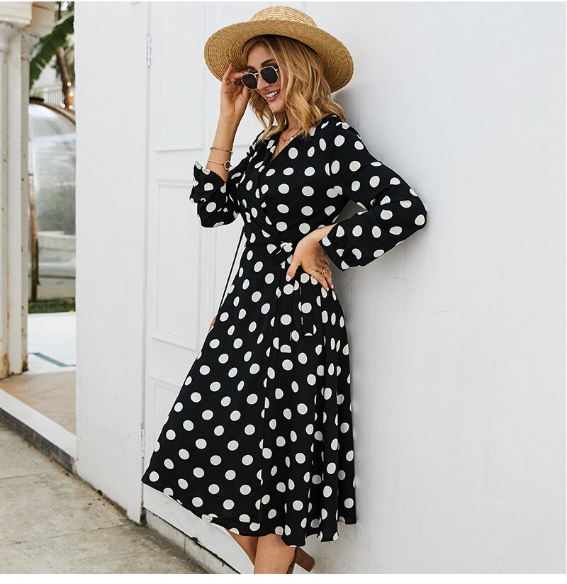 S.FLAVOR Vintage Dot printing Long Dress Elegant V-neck Long Sleeve Comfortable Tea break Dress Autumn Winter Casual Dress