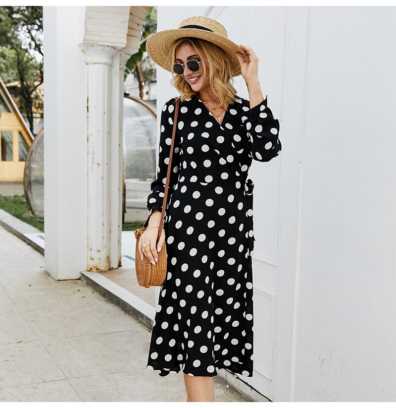 S.FLAVOR Vintage Dot printing Long Dress Elegant V-neck Long Sleeve Comfortable Tea break Dress Autumn Winter Casual Dress